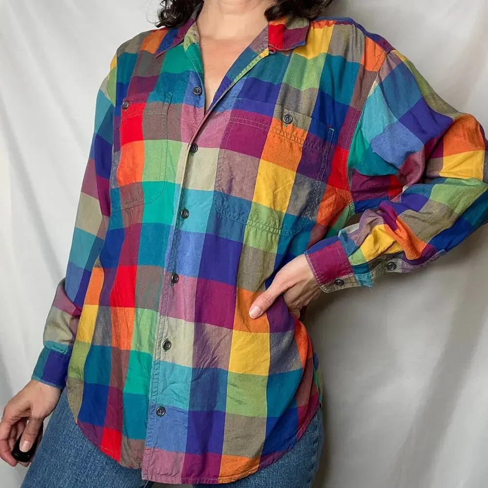 SOLD Vintage lizwear rainbow plaid checkered shirt long sleeve button-down M - Picture 9 of 17